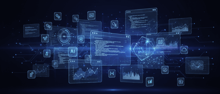 Futuristic web interface showing AI-driven tools, WebAssembly, and 3D web visuals for 2026 trends.