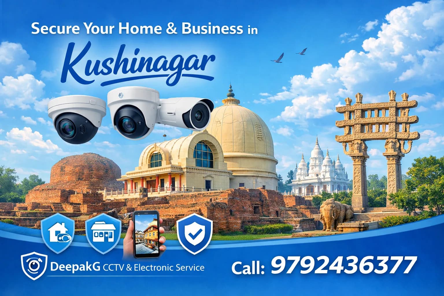 Modern CCTV cameras installed in a home and shop for security monitoring in kasia kushinagar.
